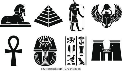 Ancient Egyptian Symbol Vector Set Featuring Pharaoh, Pyramid, Anubis, Scarab, and Hieroglyphic Designs
