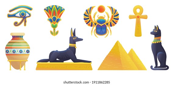 Ancient Egyptian symbols   art culture objects collection  flat vector illustration isolated white background  Set Egyptian Historical symbols in gold   black 