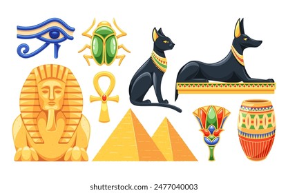 Símbolos Y Elementos Antiguos Egipcios. Ojo De Horus, Escarabajo Escarabajo, Ankh, Pirámides, Esfinge Y Deidades, Vector