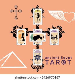 Ancient Egyptian Tarot. Design of several tarot cards next to two crossed ancient swords on a pink background.