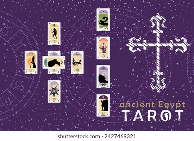 Ancient Egyptian Tarot. Layout of various tarot cards in a card spread example on blue and starry background. Esotericism and divination.