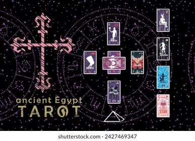 Ancient Egyptian Tarot. Layout of various tarot cards in a card spread example on blue and starry background. Esotericism and divination.