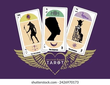 Ancient Egyptian Tarot. T-shirt design featuring three Egyptian tarot cards along with a heart symbol with wings.
