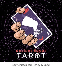  Ancient Egyptian Tarot. T-shirt design of a hand holding the Egyptian tarot card number three, called The Empress with the image of Nefertiti.