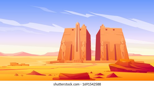 Ancient egyptian temple with pharaoh or god statue and obelisk. Vector cartoon landscape of desert in Egypt with famous landmarks, antique stone monuments
