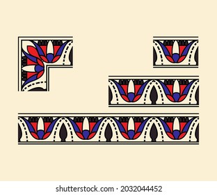 un antiguo vector temático egipcio de borde o marco sin fisuras con diferentes longitudes -corta, media y larga- y una esquina interior y externa.