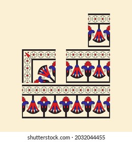 un antiguo vector temático egipcio de borde o marco sin fisuras con diferentes longitudes -corta, media y larga- y una esquina interior y externa.