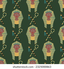 Ancient Egyptian themed vector seamless pattern with a queen and sceptres on dark green