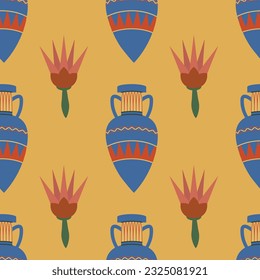 Ancient Egyptian themed vector seamless pattern with vases and lotus flowers on yellow