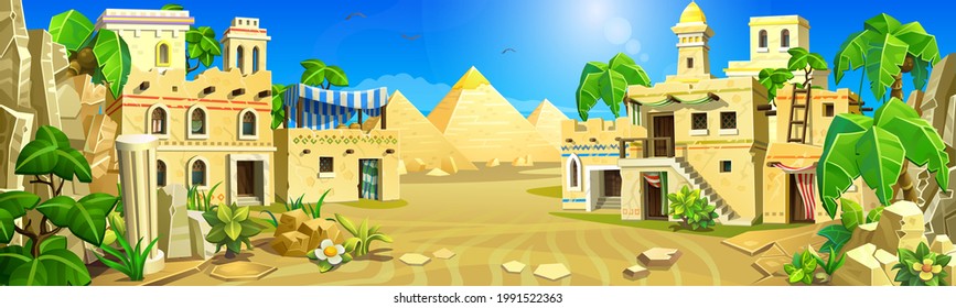 An ancient Egyptian town with stone houses, high temples. The ancient pyramids are visible against the background of the Arab village. 