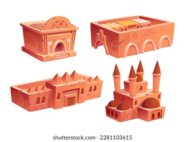 Ancient Egyptian vector building set with palace and fort. Old Dubai isometric stone house cartoon illustration. Isolated arab architecture asset collection for game. African home exterior. - Shutterstock ID 2281103615