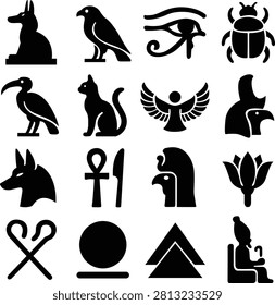Ancient Egyptian vector icon set in solid black silhouette. Egyptian hieroglyphic symbols including Anubis, Horus falcon, Eye of Horus, Scarab beetle, Sacred Ibis, Bastet cat, winged Isis, Ra, Ankh, Lotus flower, crook and flail, Shen ring, and Pyramids. Isolated on white background.