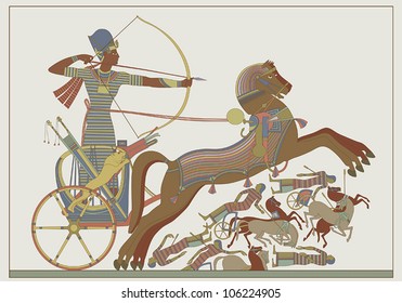 Ancient egyptian vector relief from a fresco of pharaoh Ramses in combat against Khetas on the banks of the Oronte River