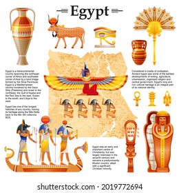 Ancient Egyptian vector. Travel map with Ancient Egypt infographic. Pharaoh pyramid landmark icons - mummy, vase, gods Horus and Anubis. Egyptian History and culture old illustration travel design