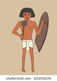 ancient egyptian warrior with mace and shield, cartoon vector illustration of old kingdom infantry soldier 