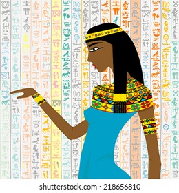 Ancient Egyptian woman over a background with Egyptian hieroglyphs