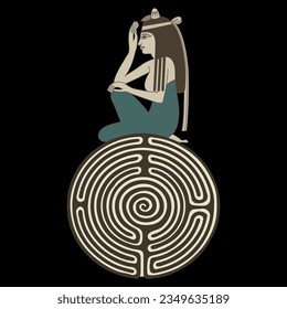 Ancient Egyptian woman sitting on a round spiral maze or labyrinth symbol. Creative ethnic feminist concept. On black background.