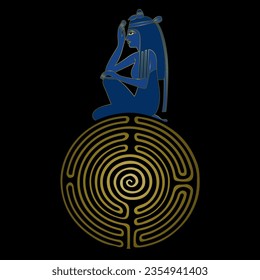 Ancient Egyptian woman sitting on a round spiral maze or labyrinth symbol. Creative ethnic feminist concept. Blue and gold silhouette on black background.