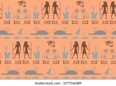 Ancient egyptian writing alphabet elements seamless pattern. Man, Ra eye, pyramid, hand, snake, woman, bird history icons. Eegyptian writing civilization signs image design.