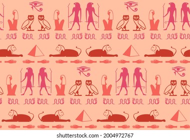 Ancient egyptian writing alphabet elements seamless ornament. Man, Ra eye, pyramid, hand, snake, woman, bird manuscript icons. Eegyptian writing civilization signs vector wallpaper.