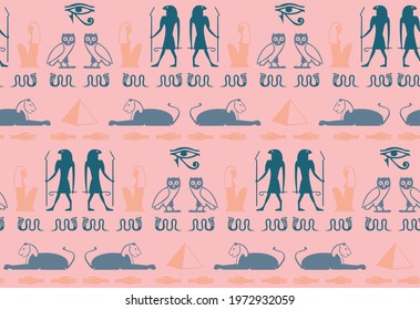 Ancient egyptian writing script elements seamless pattern. Sphinx, eye. snake, hand, Ramses, bird, Cleopatra papyrus signs. Eegyptian writing culture icons vector design.