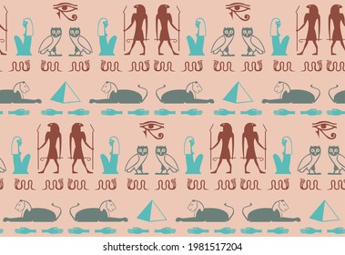 Ancient egyptian writing script elements seamless pattern. Pyramid, pharaoh, Ra eye, hand, snake, woman, owl history icons. Eegyptian writing culture signs vector wallpaper.