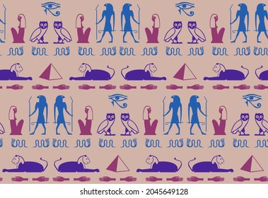 Ancient egyptian writing script elements seamless ornament. Pyramid, pharaoh, Ra eye, hand, snake, woman, owl mythology signs. Eegyptian writing civilization icons vector wallpaper.