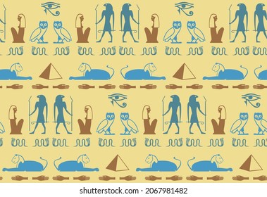 Ancient egyptian writing script elements seamless pattern. Ra eye, sphinx, pyramid, hand, snake, woman, bird papyrus signs. Eegyptian writing civilization icons vector design.