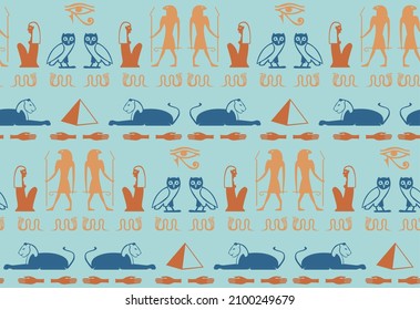 Ancient egyptian writing script elements seamless pattern. Pyramid, pharaoh, Ra eye, hand, snake, woman, owl papyrus icons. Eegyptian writing culture signs vector wallpaper.