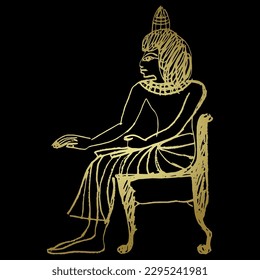 Ancient Egyptian young man or pharaoh sitting in a chair. Hand drawn doodle rough sketch. Gold silhouette on black background.