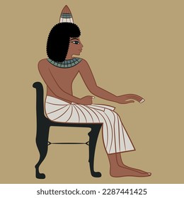 Ancient Egyptian young man sitting on a chair. Ethnic style.