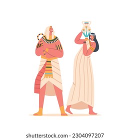 Ancient Egyptians Pharaoh And Woman With Jug Stand Together, Characters Depicting Royal Authority, Vector Illustration