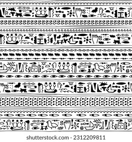 Ancient Egypt's allure monochrome seamless pattern, featuring hand-drawn symbols reminiscent of hieroglyphs. Perfect for clothing, curtains, and notebooks, it exudes timeless ele