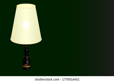 Lámpara eléctrica antigua con una lámpara amarillo claro y un pedestal de vidrio negro y dorado sobre fondo verde y negro