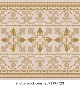 Ancient Elegance Border With Fleur de lis Scroll Design in Gold on Medium Beige Background. Luxury Greek Pattern Inspired from Nature Light Sepia Style for Opulence Decoration Silk Weaves Embroidery