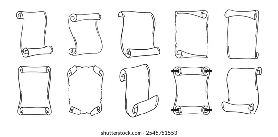 Ancient empty scroll doodle hand drawn, ancient medieval paper outline icon set. Outline vector paper scrolls, papyrus isolated empty template. Vector illustration
