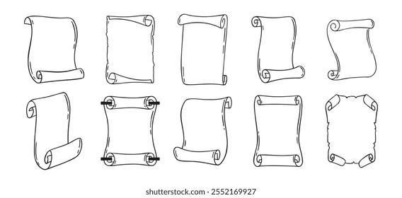 Ancient empty scroll doodle hand drawn, ancient medieval paper outline icon set. Outline vector paper scrolls, papyrus isolated empty template. Vector illustration