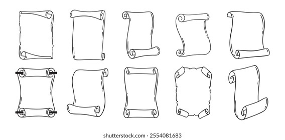 Ancient empty scroll doodle hand drawn, ancient medieval paper outline icon set. Outline vector paper scrolls, papyrus isolated empty template. Vector illustration