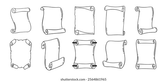 Ancient empty scroll doodle hand drawn, ancient medieval paper outline icon set. Outline vector paper scrolls, papyrus isolated empty template. Vector illustration