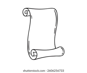 Ancient empty scroll doodle hand drawn, ancient medieval paper outline icon. Outline vector paper scroll, papyrus isolated empty template. Vector illustration
