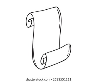 Ancient empty scroll doodle hand drawn, ancient medieval paper outline icon. Outline vector paper scroll, papyrus isolated empty template. Vector illustration