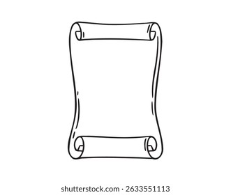 Ancient empty scroll doodle hand drawn, ancient medieval paper outline icon. Outline vector paper scroll, papyrus isolated empty template. Vector illustration