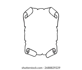 Antigo vazio rolagem doodle mão desenhada, ícone antigo contorno de papel medieval. Rolagem de papel vetorial de contorno, modelo vazio isolado de papiro. Ilustração vetorial
