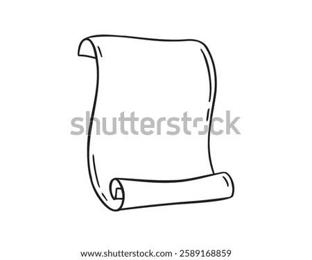 Ancient empty scroll doodle hand drawn, ancient medieval paper outline icon. Outline vector paper scroll, papyrus isolated empty template. Vector illustration