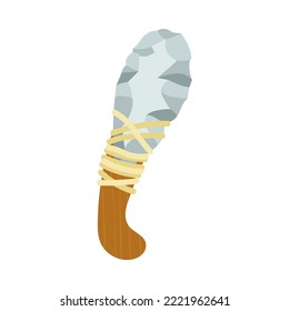 Ancient end scraper from wood and stone connected with rope vector illustration. Primitive equipment from stone and wood of prehistoric people or barbarians for hunting isolated on white background