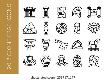 Ancient Era icons. Set of 20 Ancient Greek trendy minimal icons. Ionic Column, Lyre, Greek Ship, Spartan Helmet. Design signs for web page, mobile app, packaging design. Vector illustration