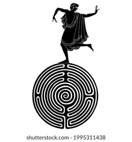 Ancient Etruscan young man dancing on top of round spiral maze or labyrinth symbol. Black and white silhouette. Creative concept for mysteries of the past. Antique culture and mythology.