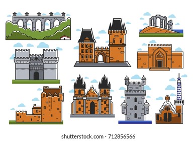 Ancient European castles and towers isolated illustrations set