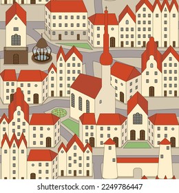 Ancient European city, seamless vector pattern