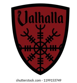 The ancient European esoteric sign - the Helm of Awe, inscription Valhalla and Heraldic shield, isolated on white, vector illustration